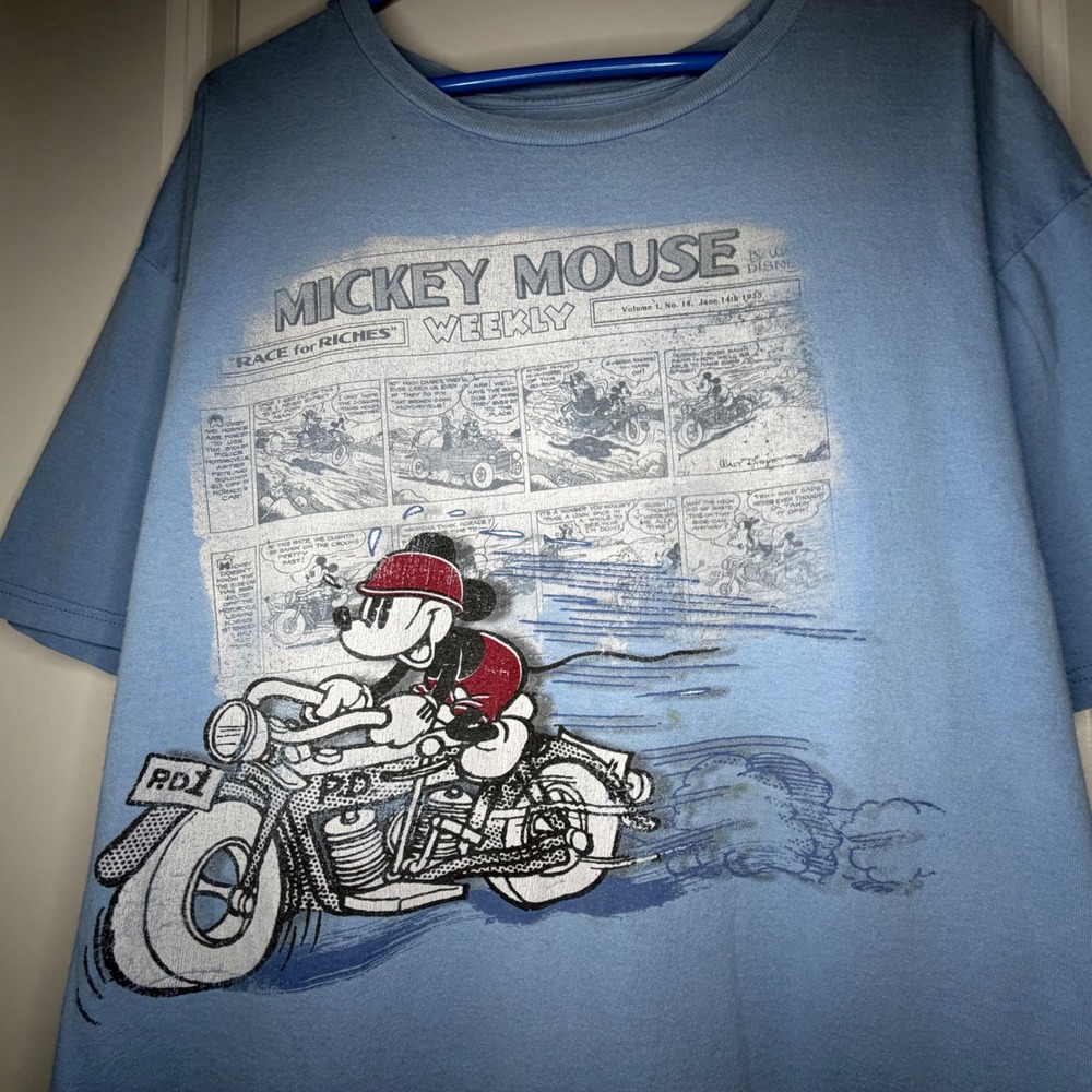 Disney Store Mickey Mouse‎ Weekly Motorcycle Comic Graphic T-Shirt Blue Mens 2XL